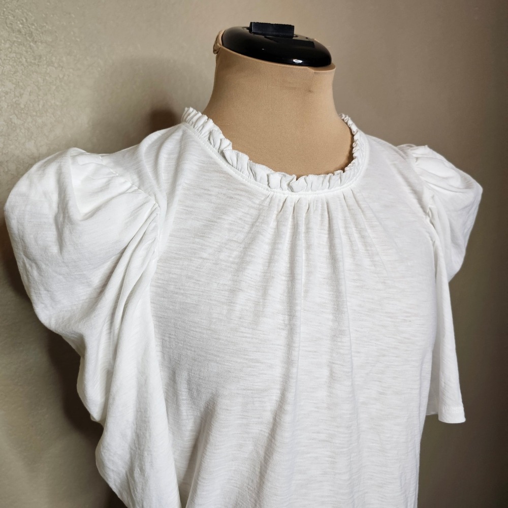 Nation LTD Emma Prim Proper Tee White Pima Cotton Puff Sleeve Ruffle Neck Top M - Picture 3 of 9